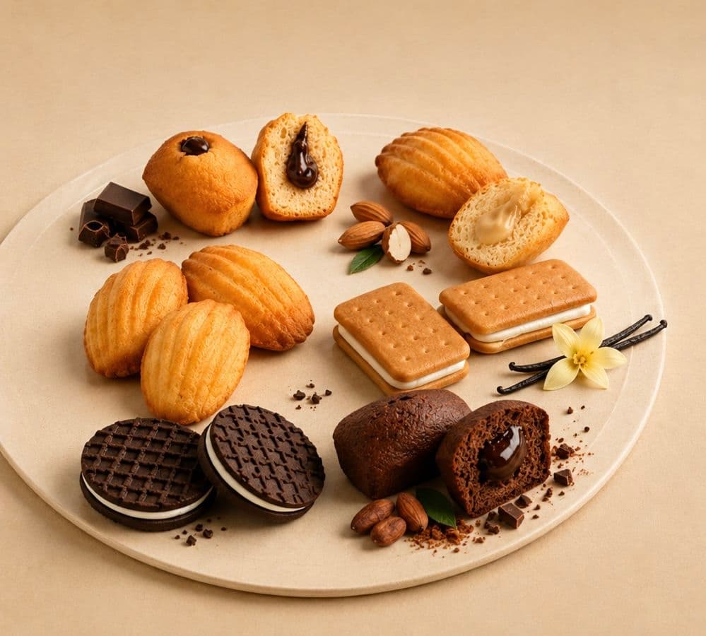 Assortiment de madeleines, biscuits, gaufrettes et pâtisseries BIPAN
